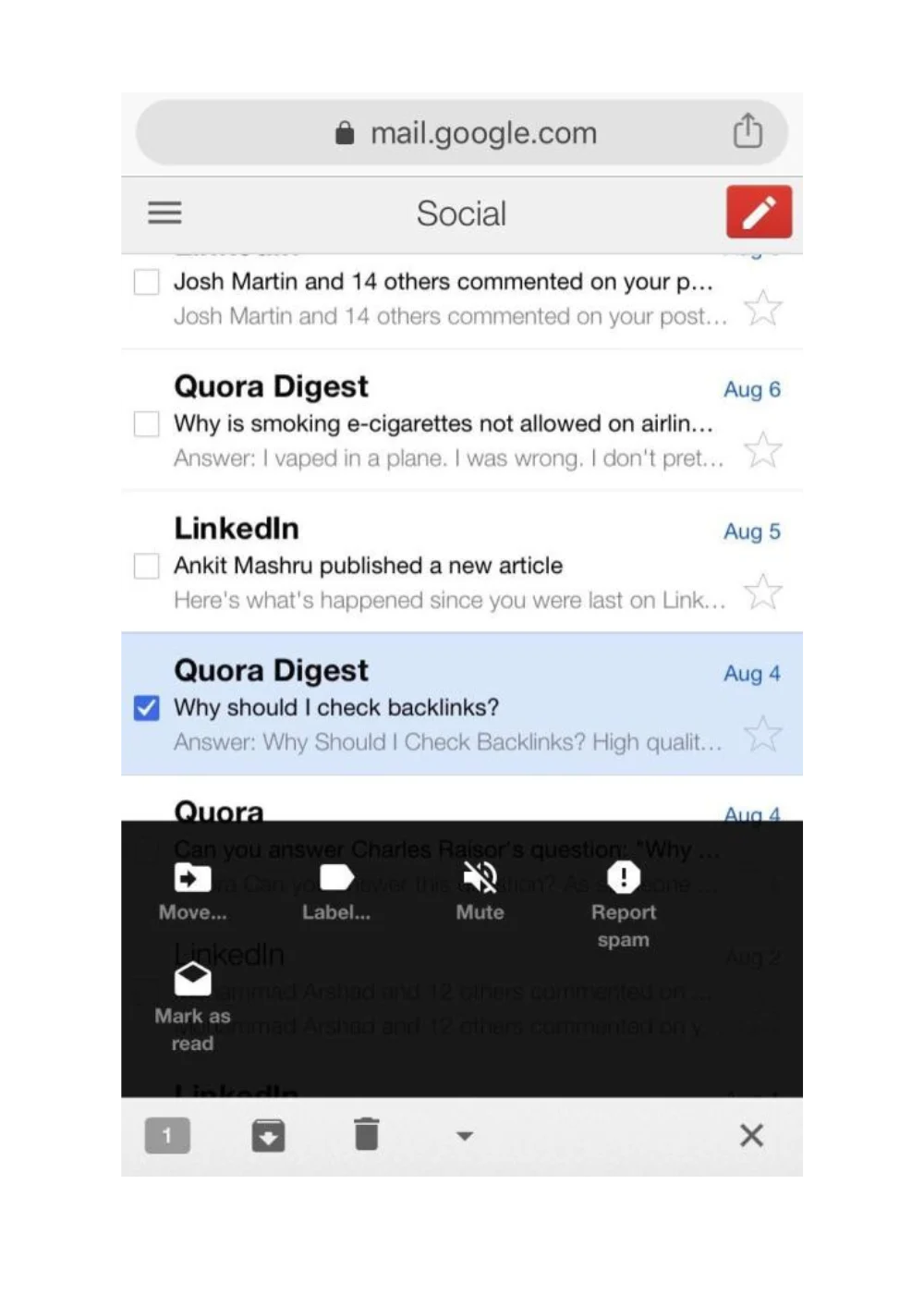 Screenshot of Gmail social tab showing emails from Quora Digest and LinkedIn.