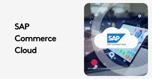 SAP Commerce Cloud logo with digital charts on a laptop screen.