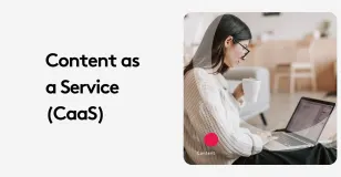 Woman with glasses using laptop and holding mug, content as a service concept.