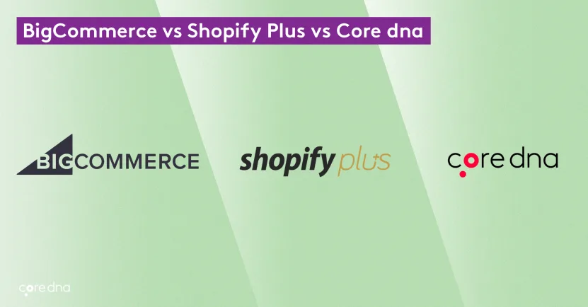 Logos of BigCommerce, Shopify Plus, and Core dna on a green background.