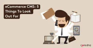 Illustration of a multitasking businessman with various office items and eCommerce CMS tips.