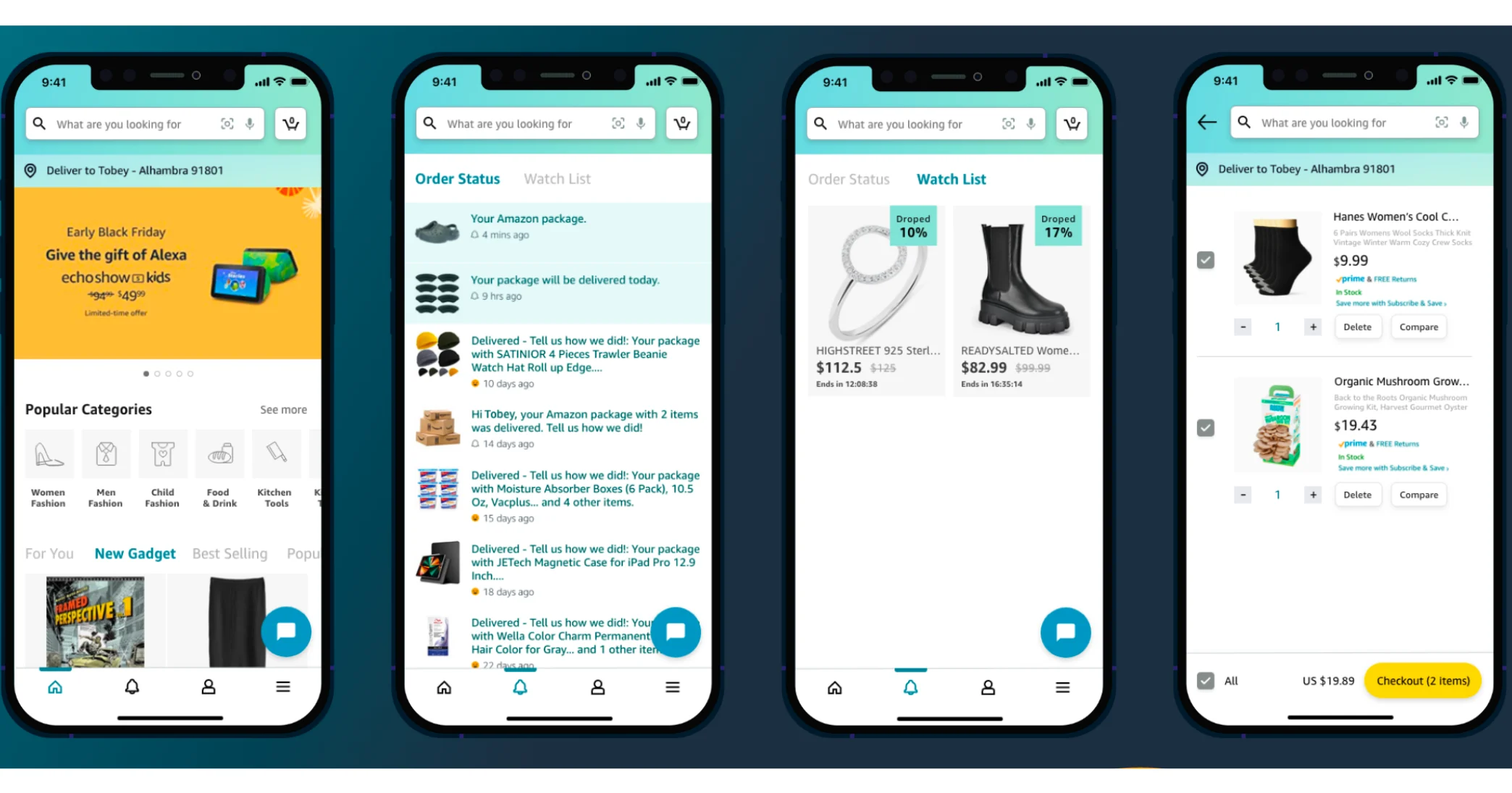 Four smartphone screens displaying an ecommerce mobile app with order status, watch list, and shopping cart.