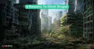 Digital art of an abandoned cityscape with text about Drupal.
