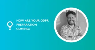 Smiling man in striped shirt with GDPR preparation question on turquoise background