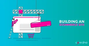Illustration showing construction of an ecommerce website with cranes and tools on a blue background.