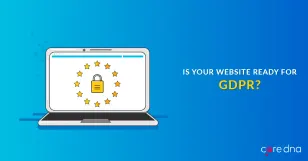 Laptop screen showing GDPR compliance with lock and stars on blue background.