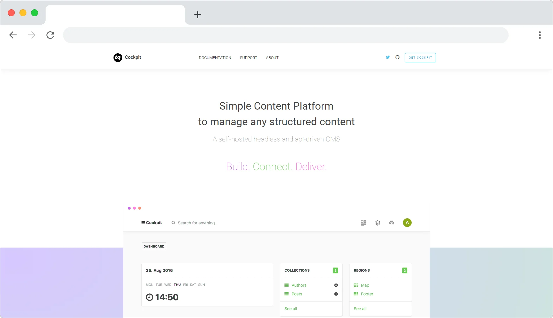 Cockpit CMS dashboard interface with content management features.