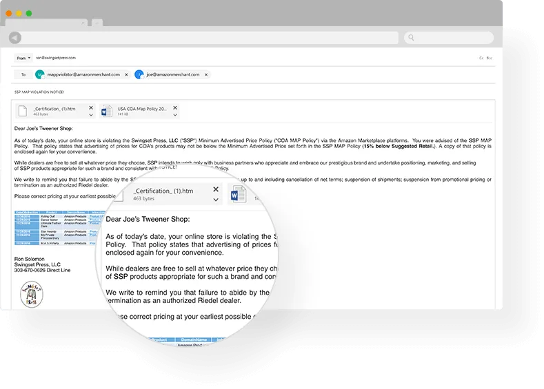 Email showing MAP policy violation notice with zoomed document view.