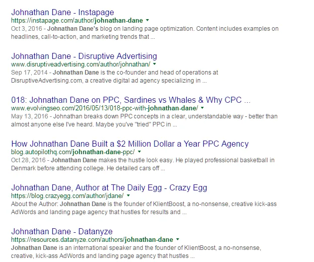 Search results showing Johnathan Dane's articles on SEO and advertising.