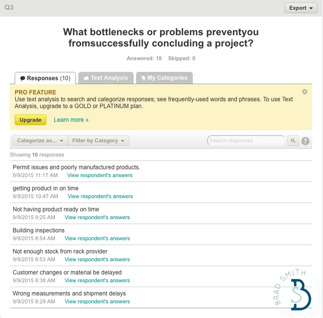 Survey results page showing responses to project bottlenecks question.