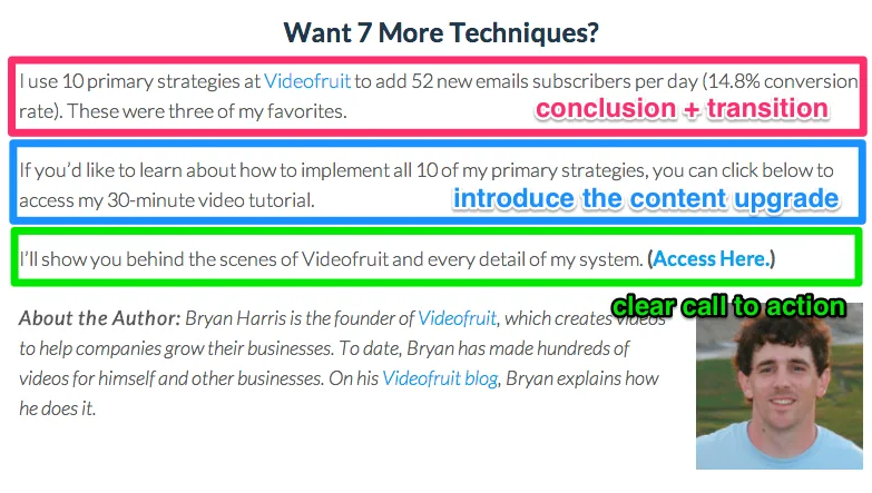 Infographic showing content marketing techniques with call to action and author info.