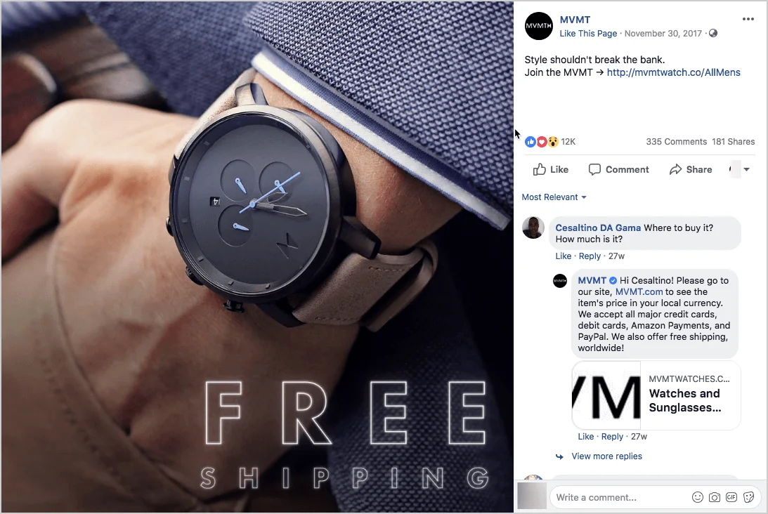 MVMT men's watch with blue dial on wrist, free shipping offer