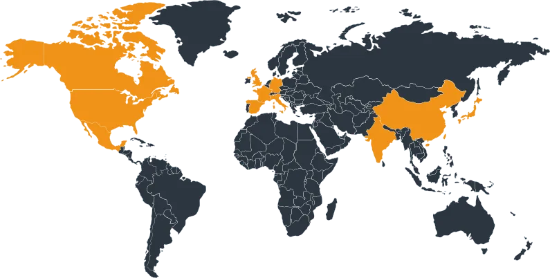 World map with countries highlighted in orange