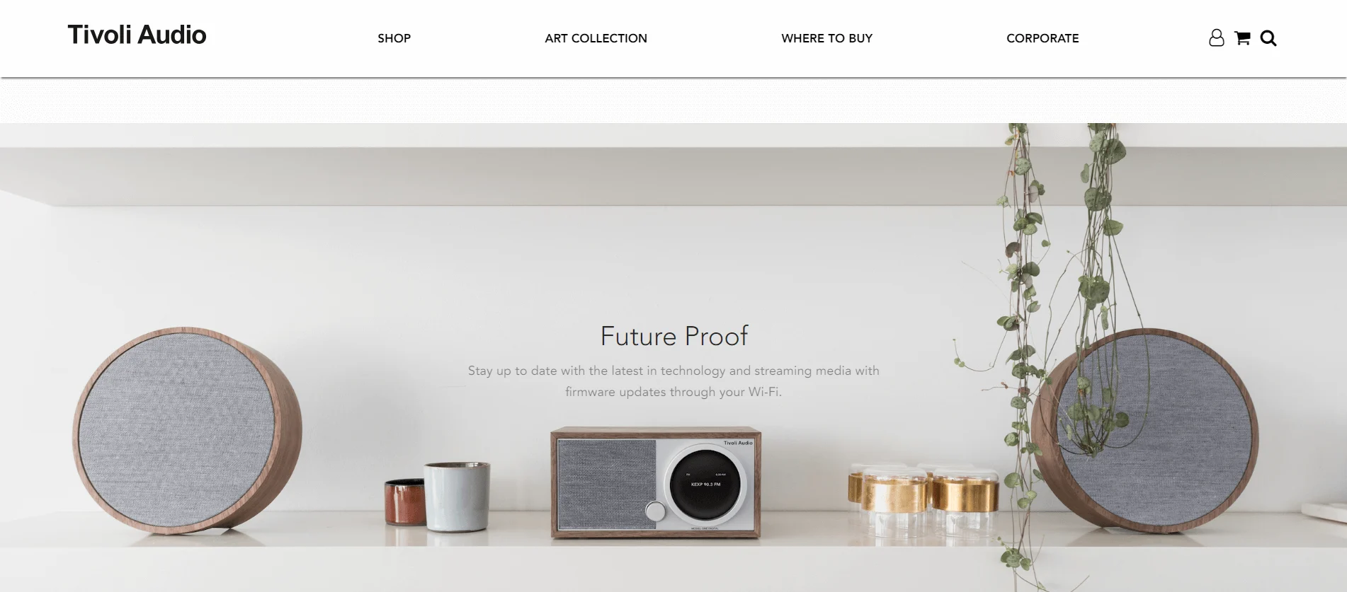 Tivoli Audio speakers and radio displayed on a white shelf with plants.