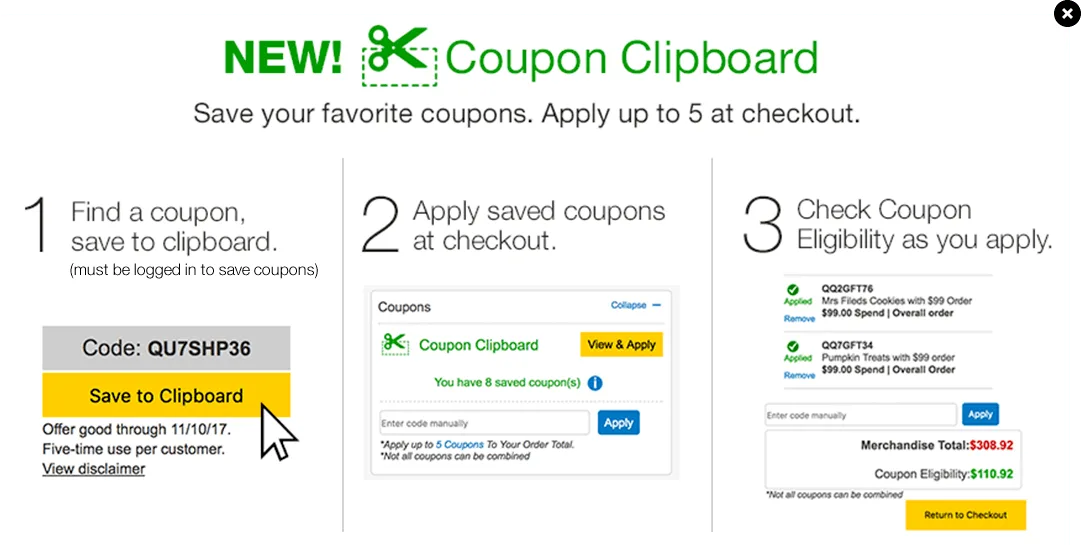 Steps to use the coupon clipboard feature to save and apply coupons at checkout.