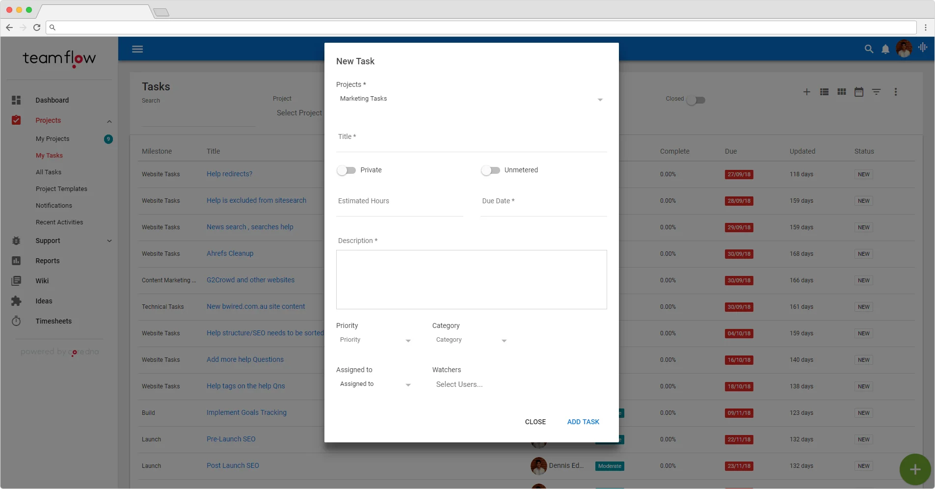 Task management software interface showing new task creation window.
