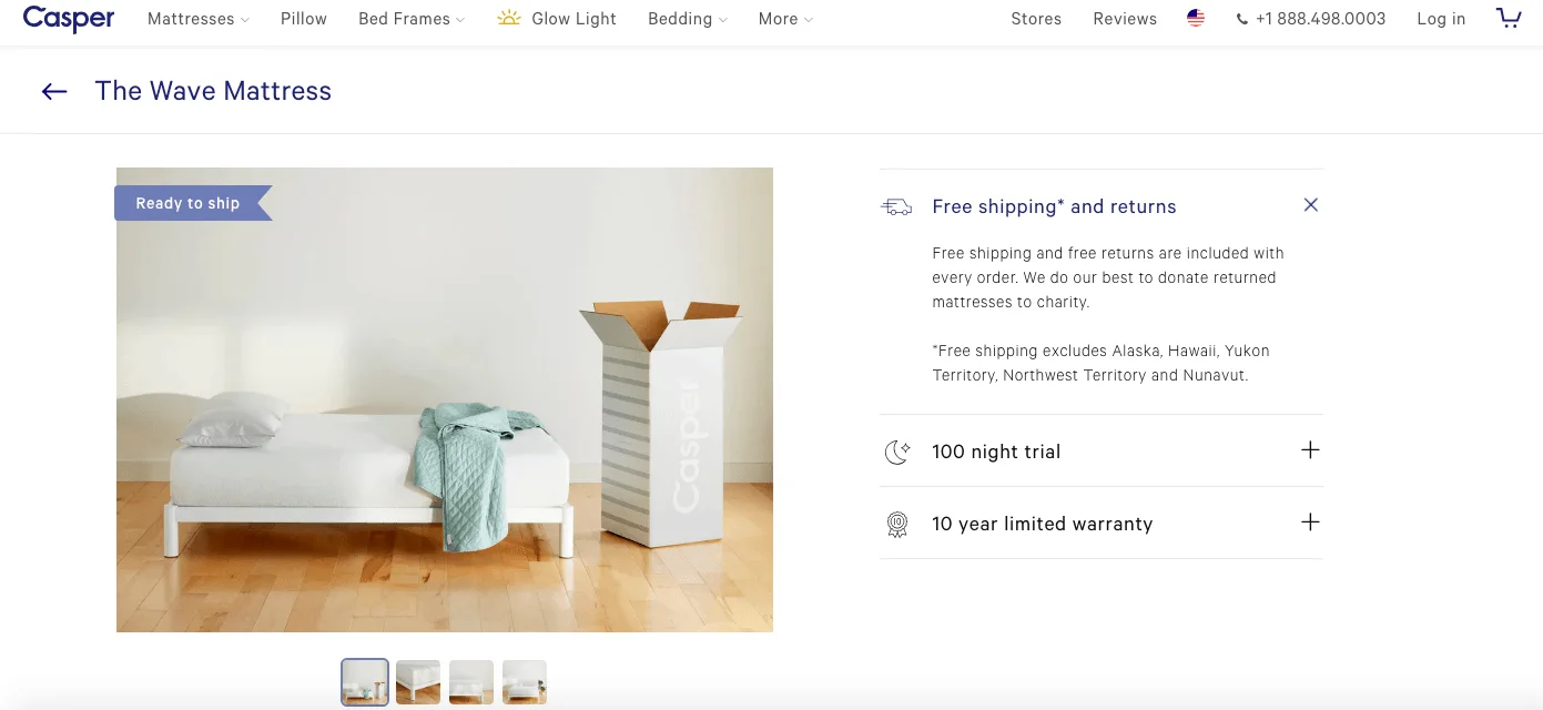 Casper Wave mattress in a room with a box and teal blanket on bed.