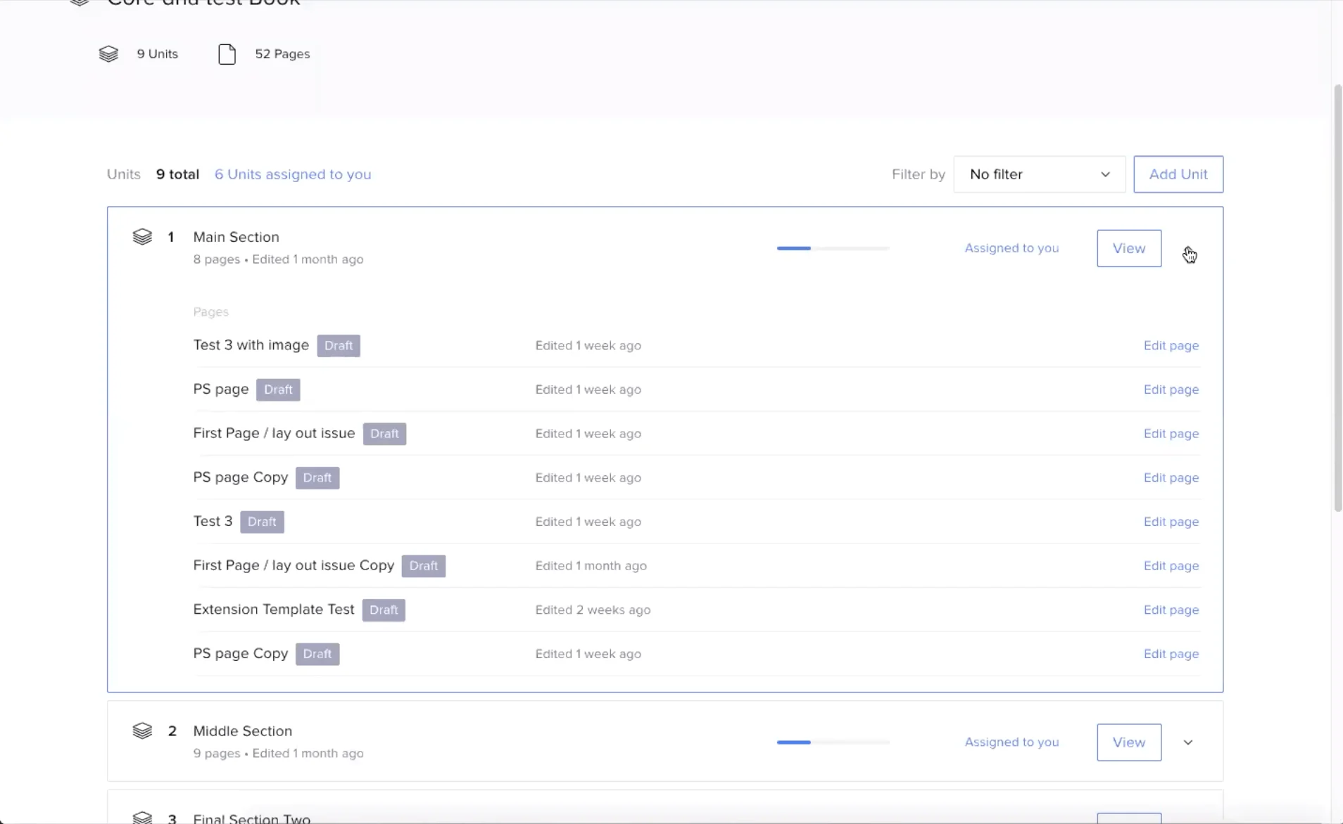 Dashboard showing draft pages in a content management system.