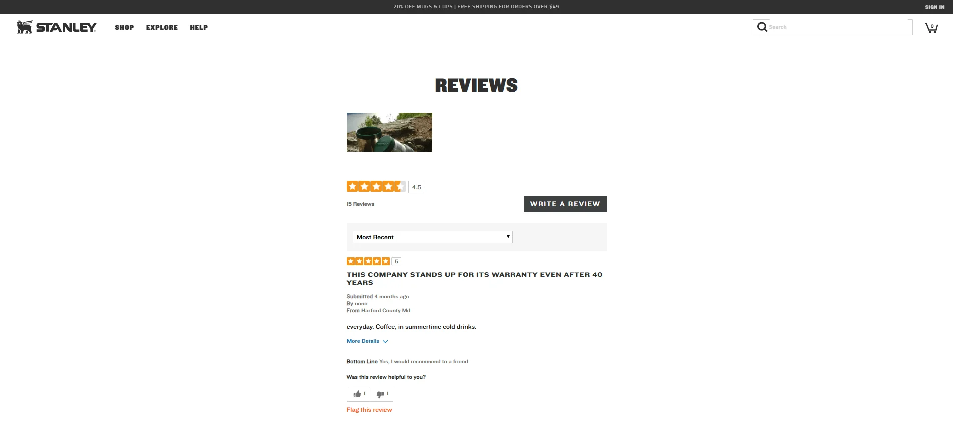 Stanley product review page showing a positive customer review and product image.