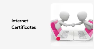 3D figures shaking hands through laptops illustrating internet certificates
