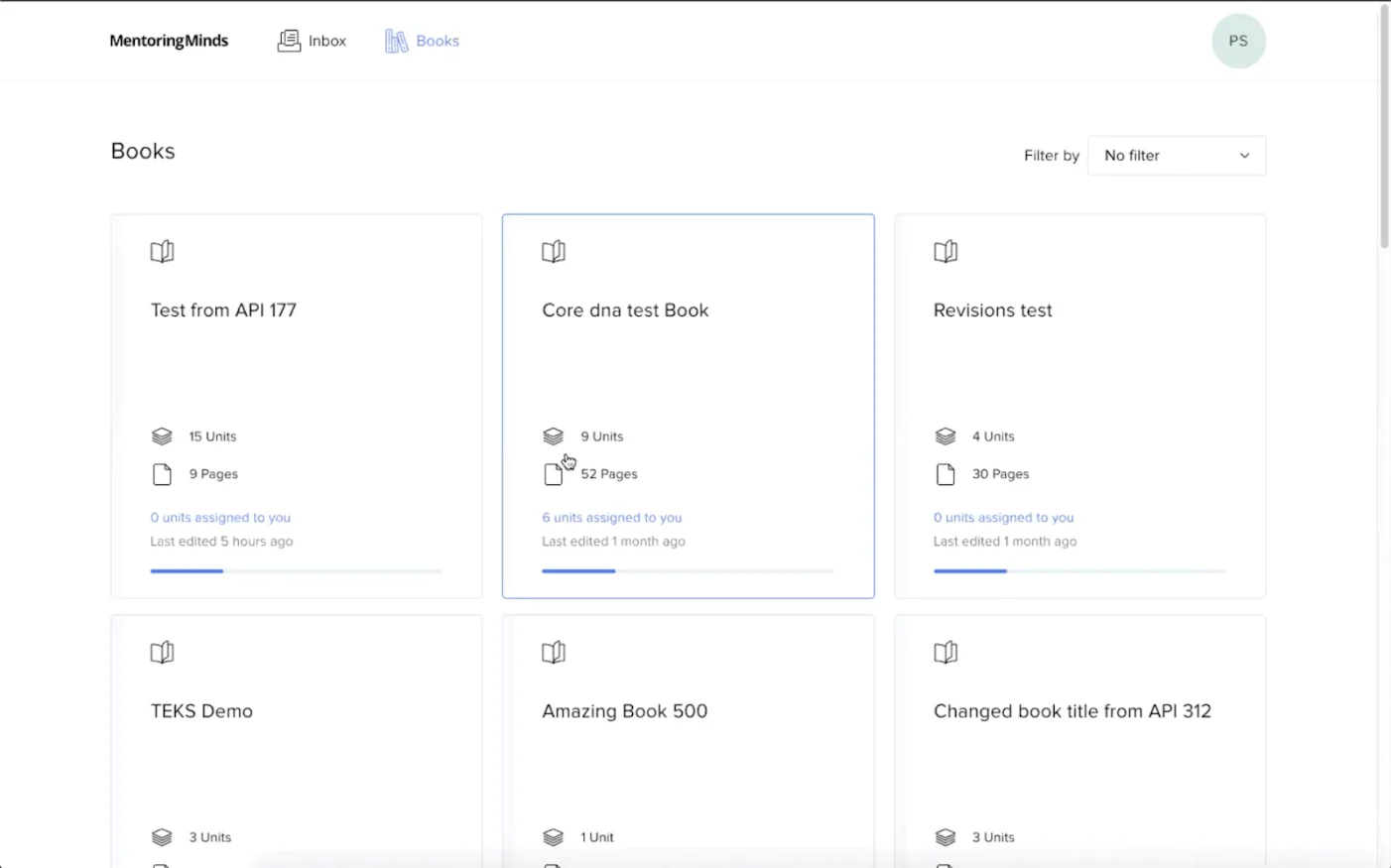 Dashboard showing book listings with units and pages on MentoringMinds platform.