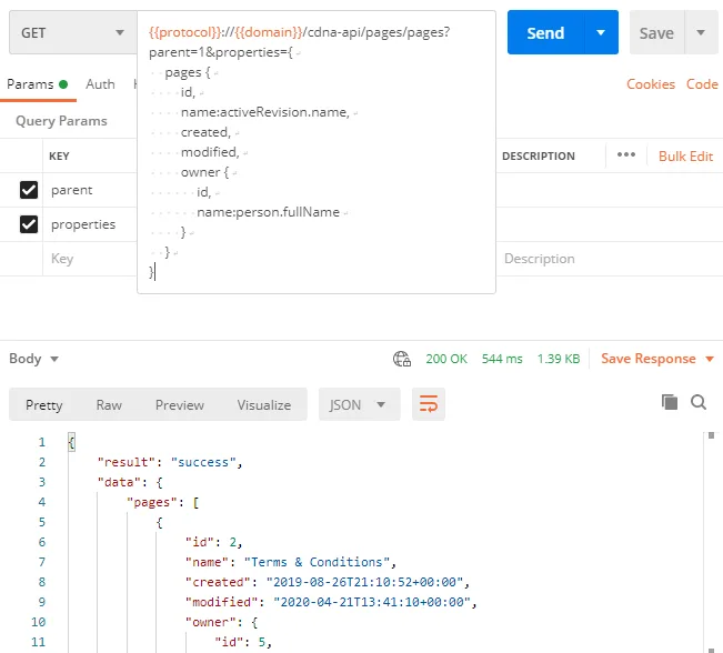 Postman API request with JSON response and parameters displayed.