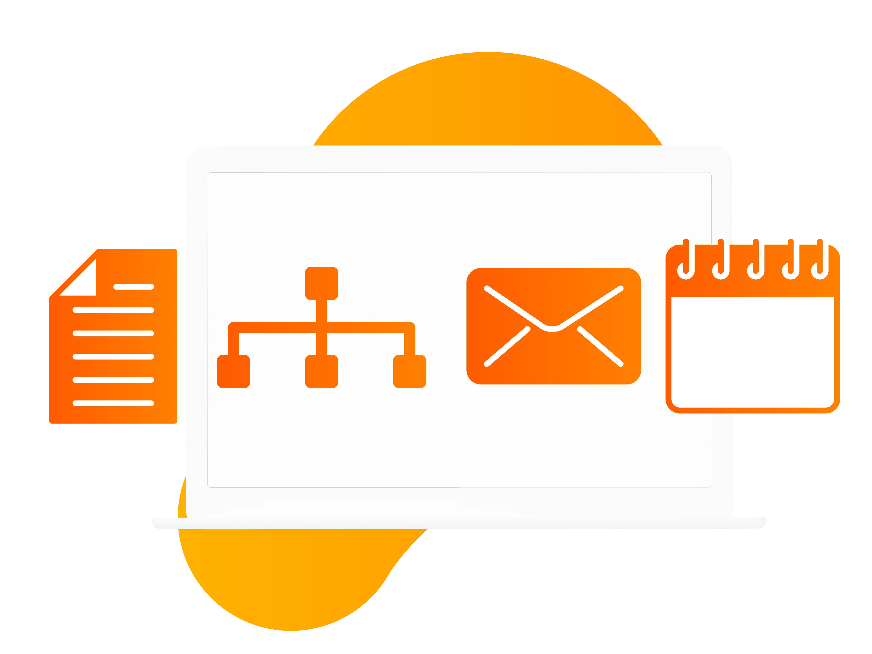 Laptop screen showing icons for document, network, email, and calendar in orange.