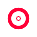 Red circle with gear icon symbol on a white background
