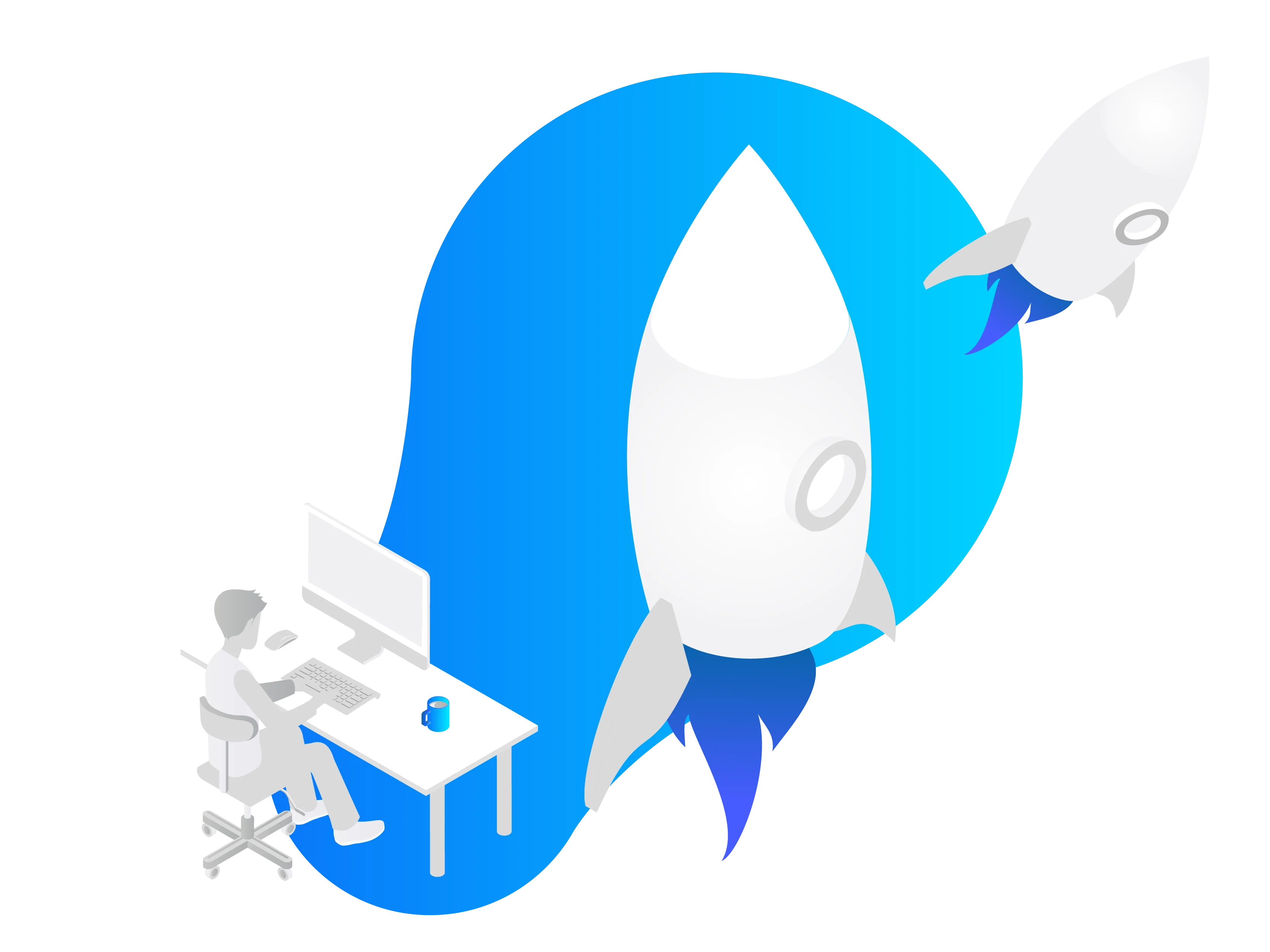 Businessman at computer desk with rocket launch on blue background.