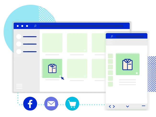 Illustration of an ecommerce website and mobile interface design with icons.