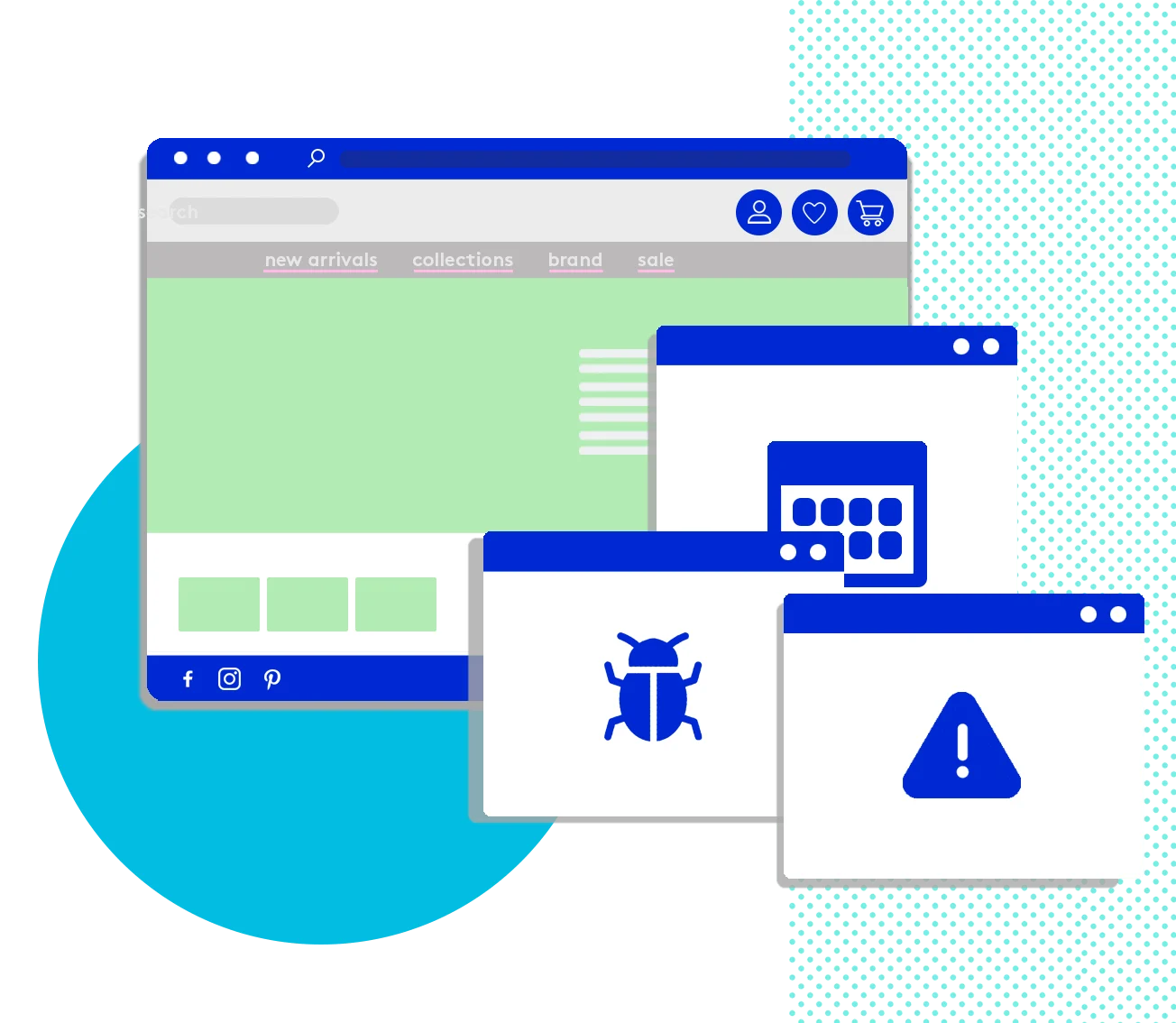 Illustration of a website with bug and error windows open.