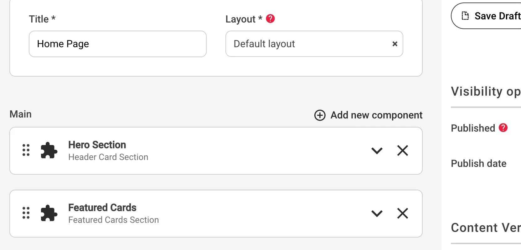 Website builder interface showing home page layout options.